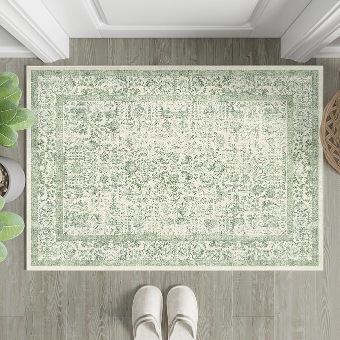 Sage Green Area Rug 2x3 Washable Vintage Distressed Entryway Carpet Non Slip by PureCozy