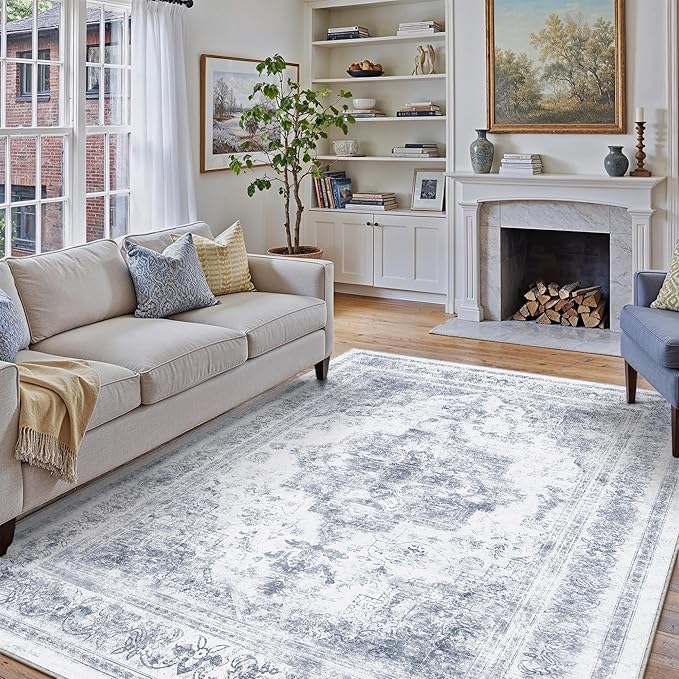 Washable Rug 6x9 Area Rug for Living Room Blue Vintage Boho Medallion Large - Image 5