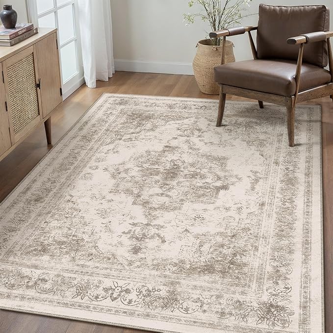 Area Rug 5x7 Beige Washable Living Room Carpet Non Slip Vintage Medallion Low - Image 6