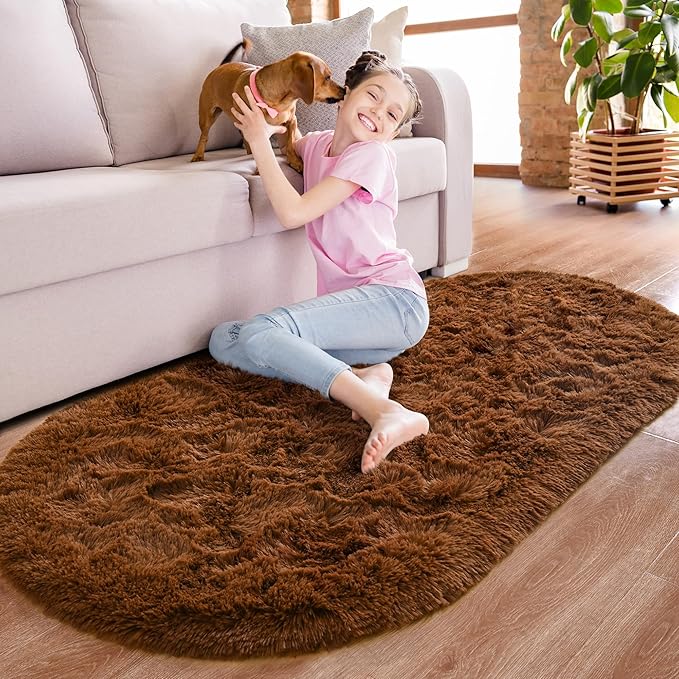 Noahas Fluffy Brown Rugs for Bedroom Living Room, 2.6'X5.3' Oval Throw Rug for - Image 2