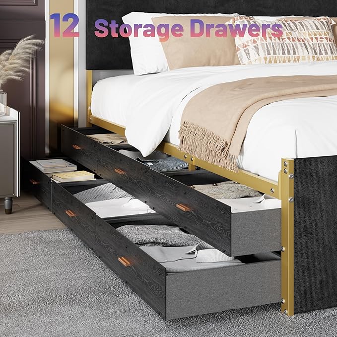 King Size Bed Frame with 12 Storage Drawers and Headboard, Metal Platform - Image 5
