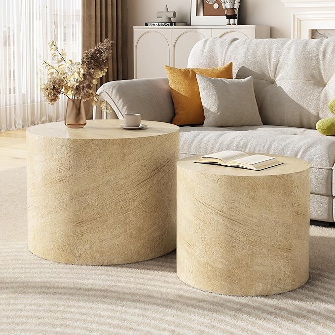 Nesting Coffee Table Set of 2, Round Beige Nesting Table Modern Circle Coffee by Furnivado