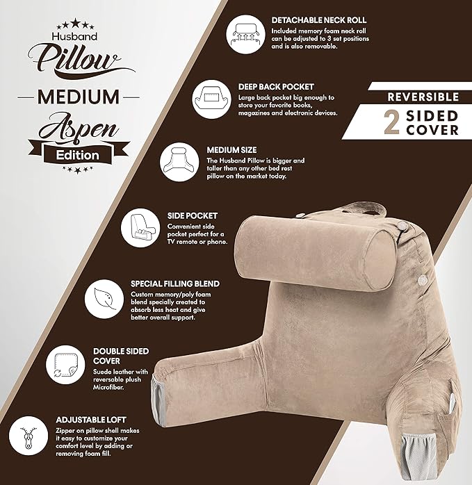 Husband Pillow Medium Aspen Edition Cowboy Taupe, Sit Up Reading & Bed Rest - Image 5