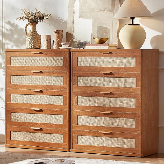 LEYAOYAO Rattan Dresser for Bedroom Set 2, Modern 5 Drawers Boho Dressers - Image 2