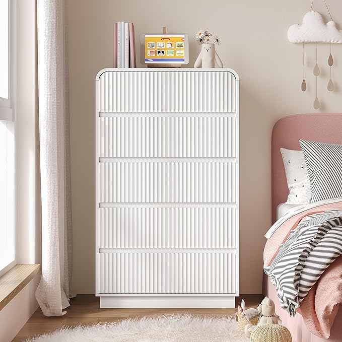 Tall Dresser for Bedroom with 5 Drawers, Fluted Chest of Drawers with Round - Image 7