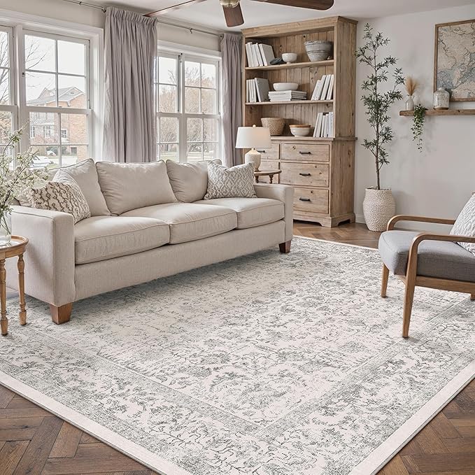 Gray Area Rug 7x10 Machine Washable Vintage Living Room Distressed Non Slip by PureCozy