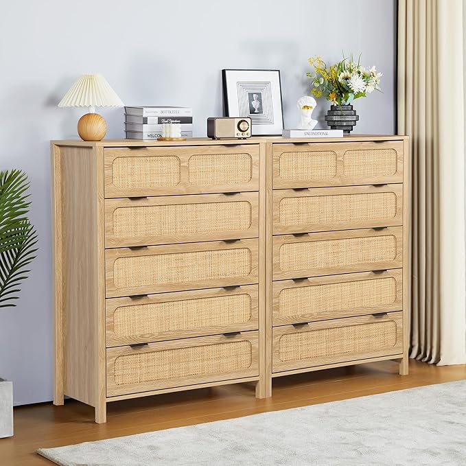LEVNARY 5 Drawer Chest Dresser, Rattan Tall Dresser 5 Chest of Drawers Dressers - Image 8
