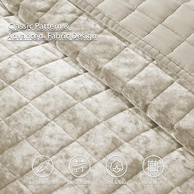 LEAONME Velvet Quilt Oversized California King-120''x120'', Lightweight Beige - Image 4