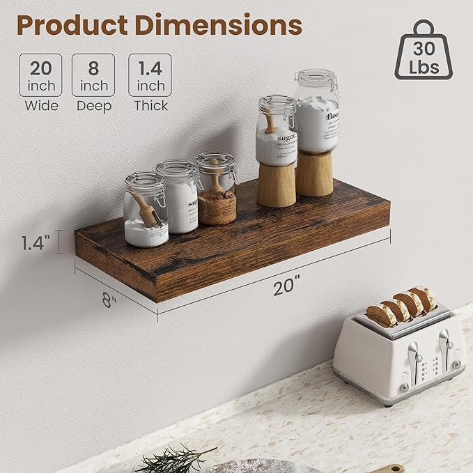 20 Inch Floating Shelves for Wall, 8 Inch Deep Floating Shelf for Storage & - Image 3