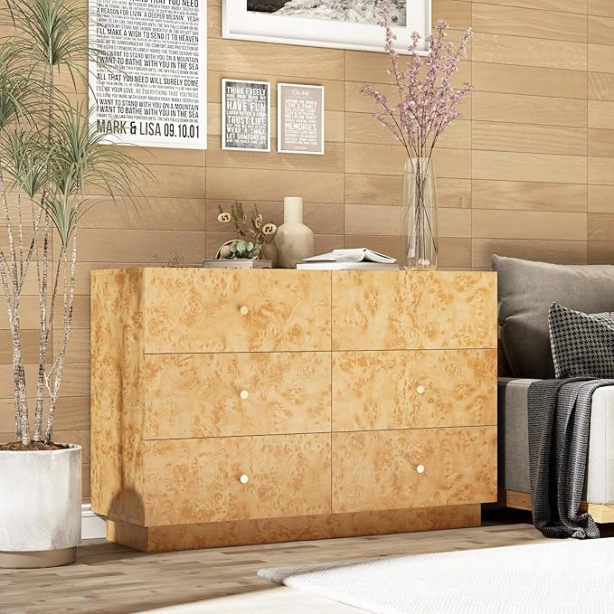 Modern 6 Drawer Dresser with Burl Finish, Wide Wood Chest of Drawers Clothes - Image 5