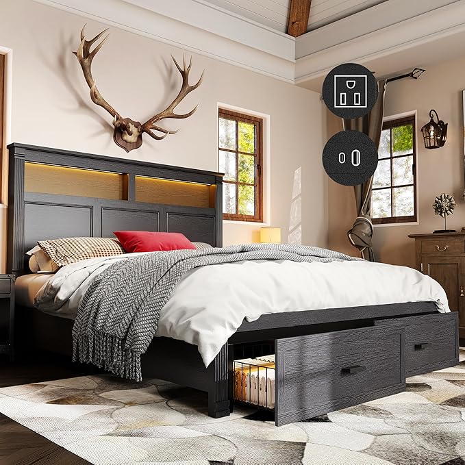 53" Tall King Bed Frame with Headboard and Storage, 2 Drawers and LED Built in by FARMHOUSEWOODENAESTHETIC