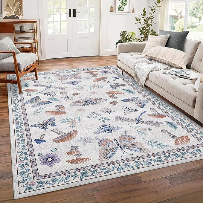 Washable Rug 5x7 Area Rugs for Living Room, Mushroom Insect Rug for Bedroom by ROYHOME