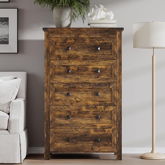 Tall 5-Drawer Dresser, Modern Wooden Storage Chest of Drawers, Dresser TV Stand - Image 3