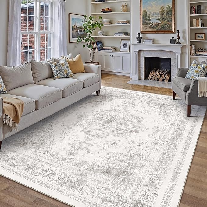 Washable Rug 8x10 Area Rug for Living Room Light Gray Vintage Boho Medallion - Image 6