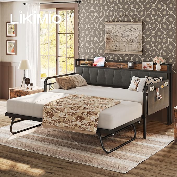 LIKIMIO Daybed with Trundle Bed, Twin Bed Frame with Storage Headboard and - Image 2