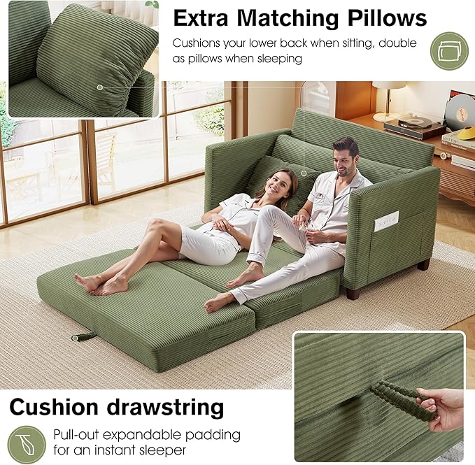 51" Loveseat Sleeper Sofa Bed, Corduroy Convertible Floor Sofa Bed - Image 3