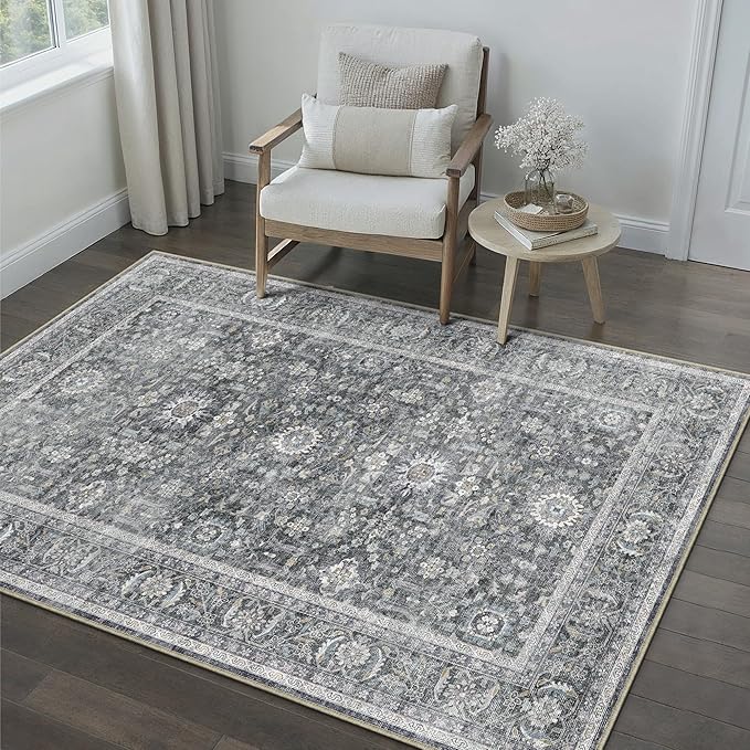 Blue 3x5 Area Rug Non Slip Vintage Office Entryway Rug Distressed Machine by PureCozy