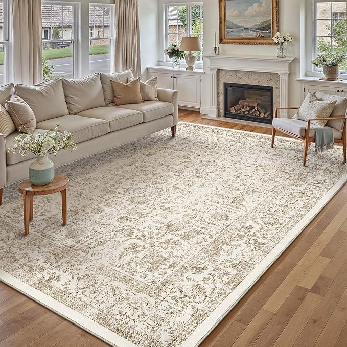 Light Brown Area Rug 10x12 Machine Washable Large Vintage Living Room by PureCozy