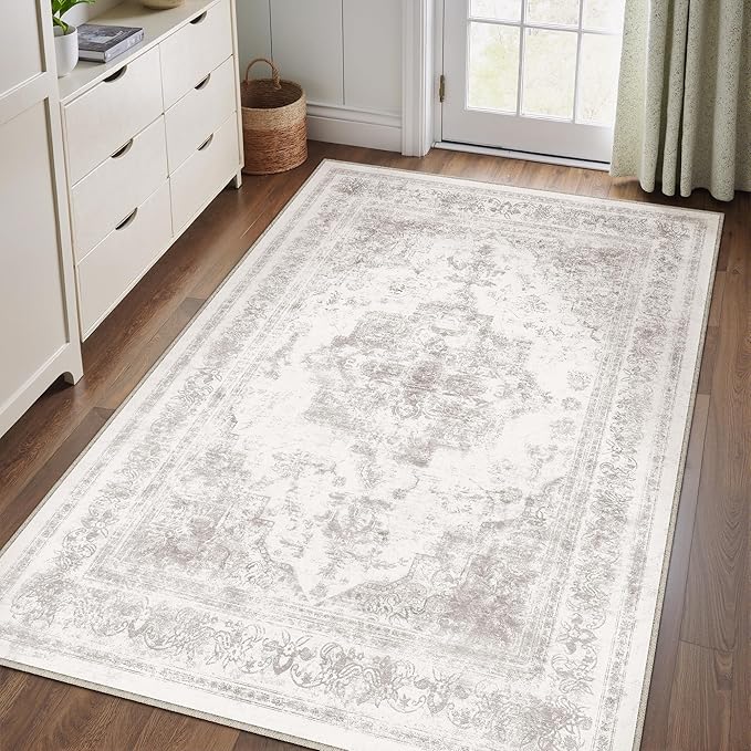 Area Rug 5x7 Washable Light Gray Rug Vintage Boho Medallion Large Grey - Image 6