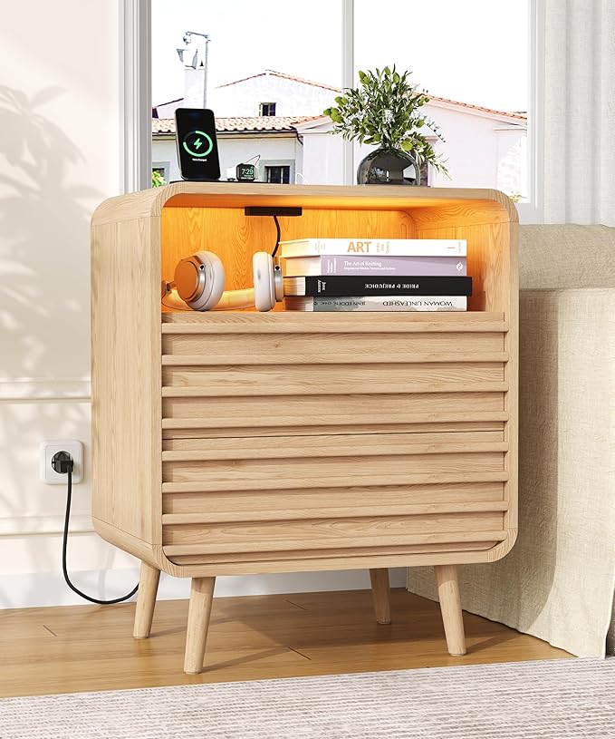 22.4"W Fluted Night Stand with 2 Drawers and Opening Shelf, RGB Nightstand with - Image 8