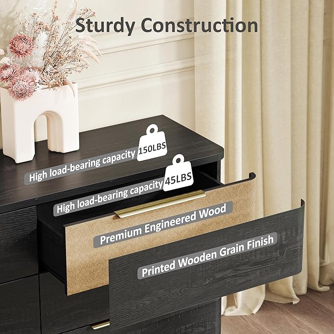 6 Drawer Dresser for Bedroom, Curved Profile Design, Wooden Black Dresser - Image 9