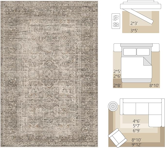 FMFUNCTEX 6x9 Washable Area Rug Vintage Neutral Distressed Large Taupe Non Slip - Image 2