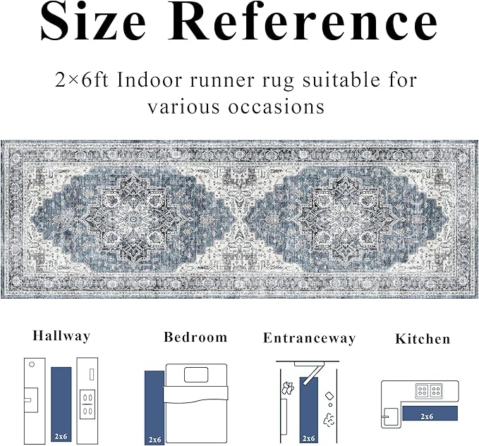 2x6 Vintage Runner Rug Low Pile Runners Non-Slip Machine Washable Rug Retro - Image 8