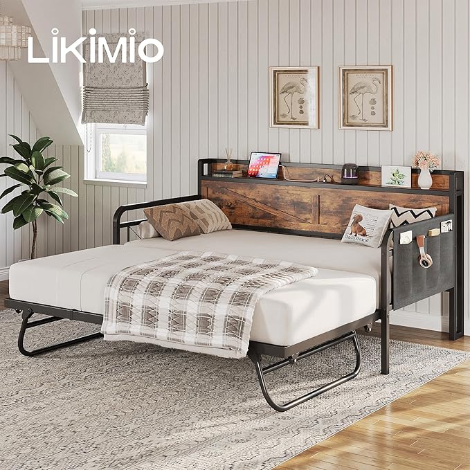 LIKIMIO Twin Daybed with Trundle Bed, Storage Headboard with Charging Station - Image 9