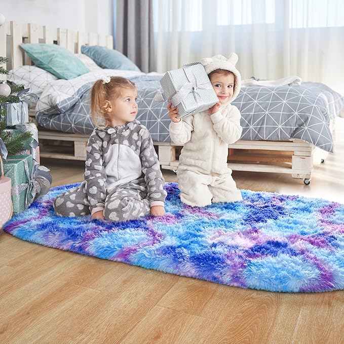 Noahas Oval Fluffy Purple Rainbow Rug 2.6X5.3 Small Kids Rugs - Image 7