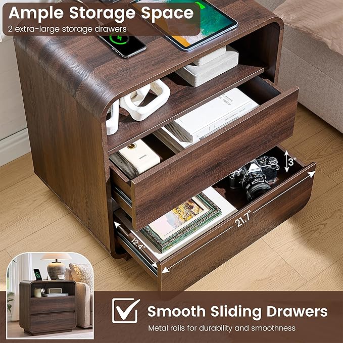 Farmhouse Night Stand, 2 Storage Drawers Bedside Table Curved Profile, - Image 4
