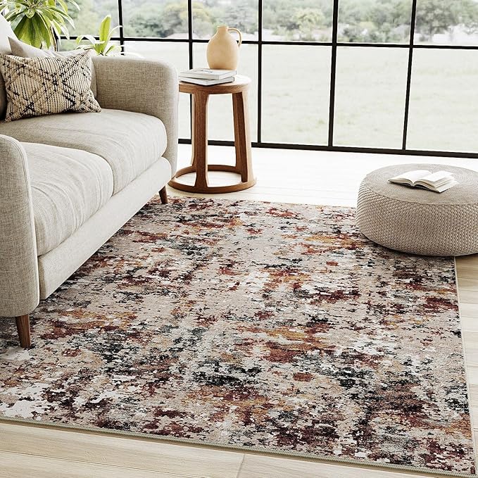 Modern Area Rug 3x5 Machine Washable Entryway Entrance Carpet Red Brown Multi by PureCozy