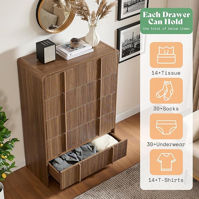 AMERLIFE Fluted 5 Drawer Dresser, Rounded Corners & Anti-Tip, Wood Drawer - Image 3