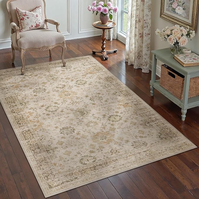 Beige 3x5 Area Rug Non Slip Vintage Office Entryway Rug Distressed Machine - Image 5