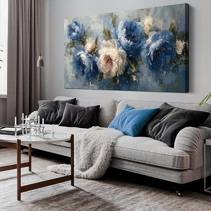 JuhaiArt Blue Wall Art Bedroom Large Flower Canvas Wall Decor Peony Floral by JuhaiArt