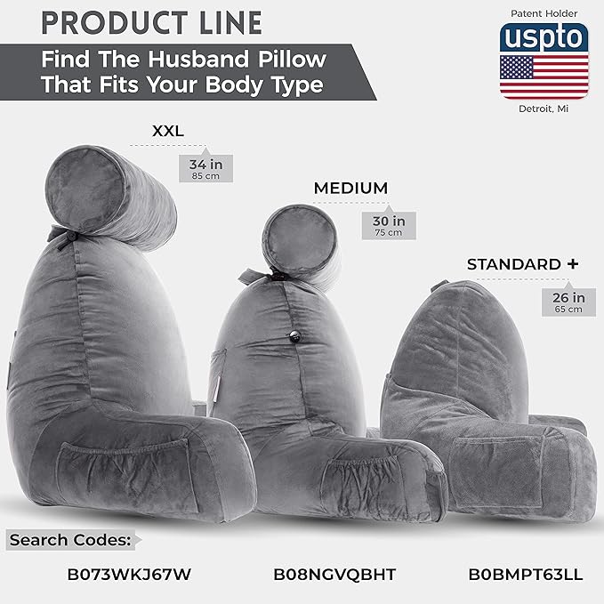 Husband Pillow Dark Grey, Standard+ Original Reading Pillow in Bed Rest Chair - Image 3