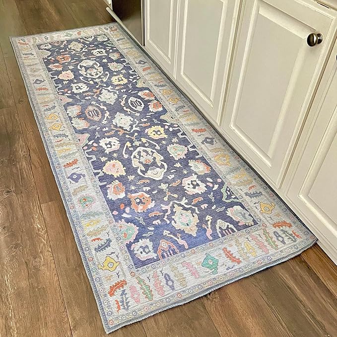 Fame Rugs Navy Blue Modern Oushak Rug 2'6"x7', Washable Vintage Turkish - Image 9