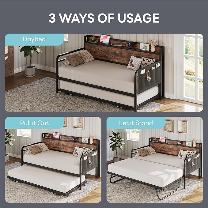 LIKIMIO Twin Daybed with Trundle Bed, Storage Headboard with Charging Station - Image 4