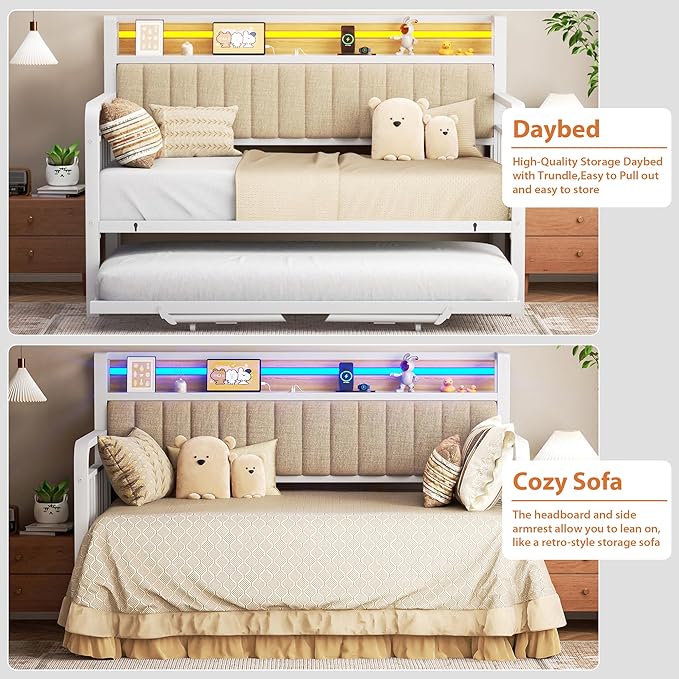 Daybed with Trundle and LED Light, Heavy Duty Metal Twin Bed Frame with - Image 8
