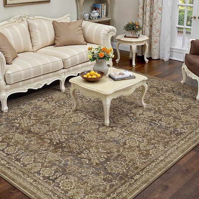 5x7 Vintage Area Rug Brown Washable Living Room Large Non Slip Carpet Bedroom by PureCozy