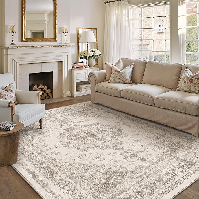 Area Rug 6x9 Beige Washable Living Room Carpet Non Slip Vintage Medallion - Image 6