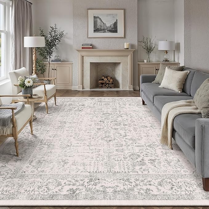 Gray Area Rug 9x12 Machine Washable Large Vintage Living Room Distressed Non by PureCozy