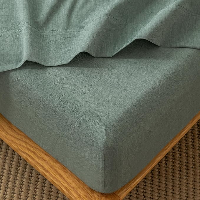 MooMee Fitted Bottom Sheet Only 100% Washed Cotton Linen Like Textured by MOOMEE