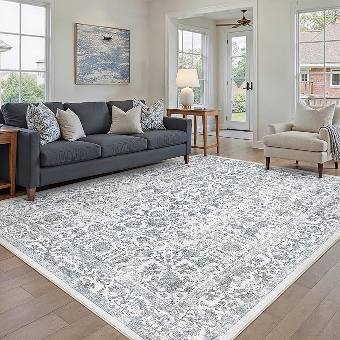 Navy Blue Area Rug 5x8 Machine Washable Vintage Living Room Distressed Non Slip by PureCozy