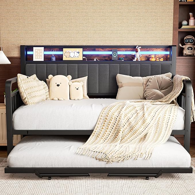 Daybed with Trundle and LED Light, Heavy Duty Metal Twin Bed Frame with - Image 4
