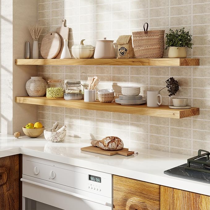 fuqing Floating Shelves for Wall, 55 inch Rustic Solid Elm Wood Floating Shelves - Image 2
