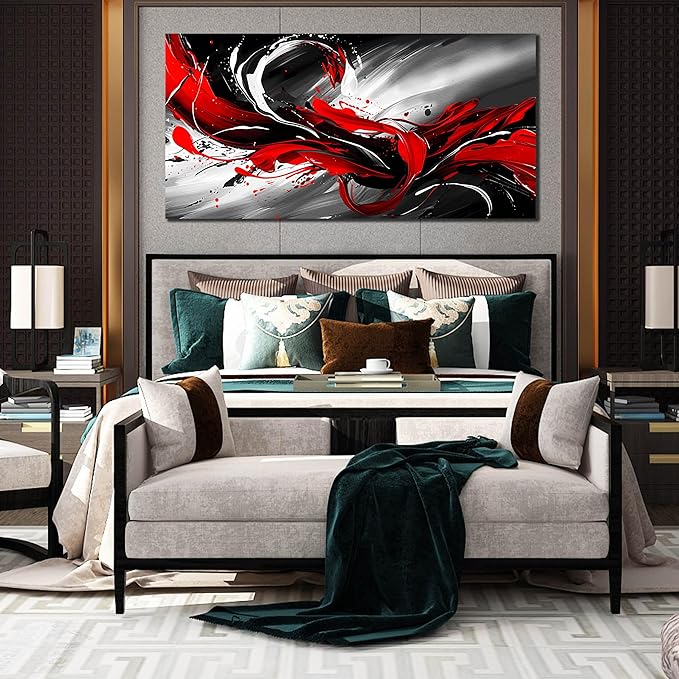 Black White and Red Abstract Print Picture Painting Large Canvas Wall Art - Image 3