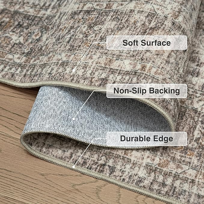 FMFUNCTEX 6x9 Washable Area Rug Vintage Neutral Distressed Large Taupe Non Slip - Image 3