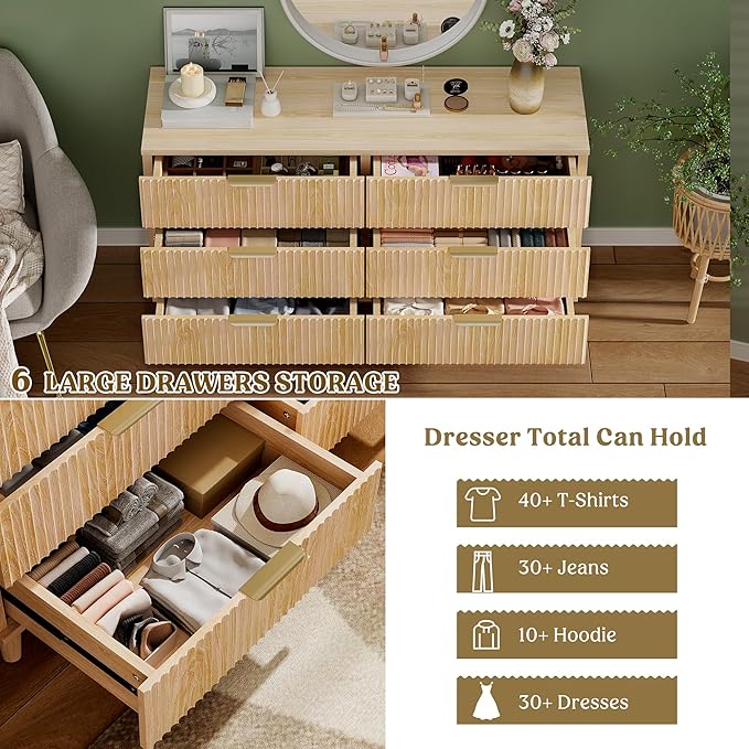 Lulive Dresser for Bedroom Wood Dressers Chest of Drawers, Fluted 53.2" Wide - Image 4