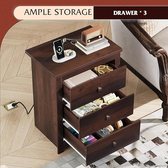 WLIVE Tall Nightstand with Charging Station, Wood Night Stand with 3 Drawers - Image 5