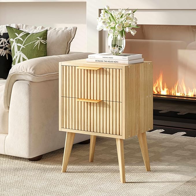 YAUKOMEL Fluted Nightstand, Small Bedside Table, Natural Wood Night Stand - Image 2